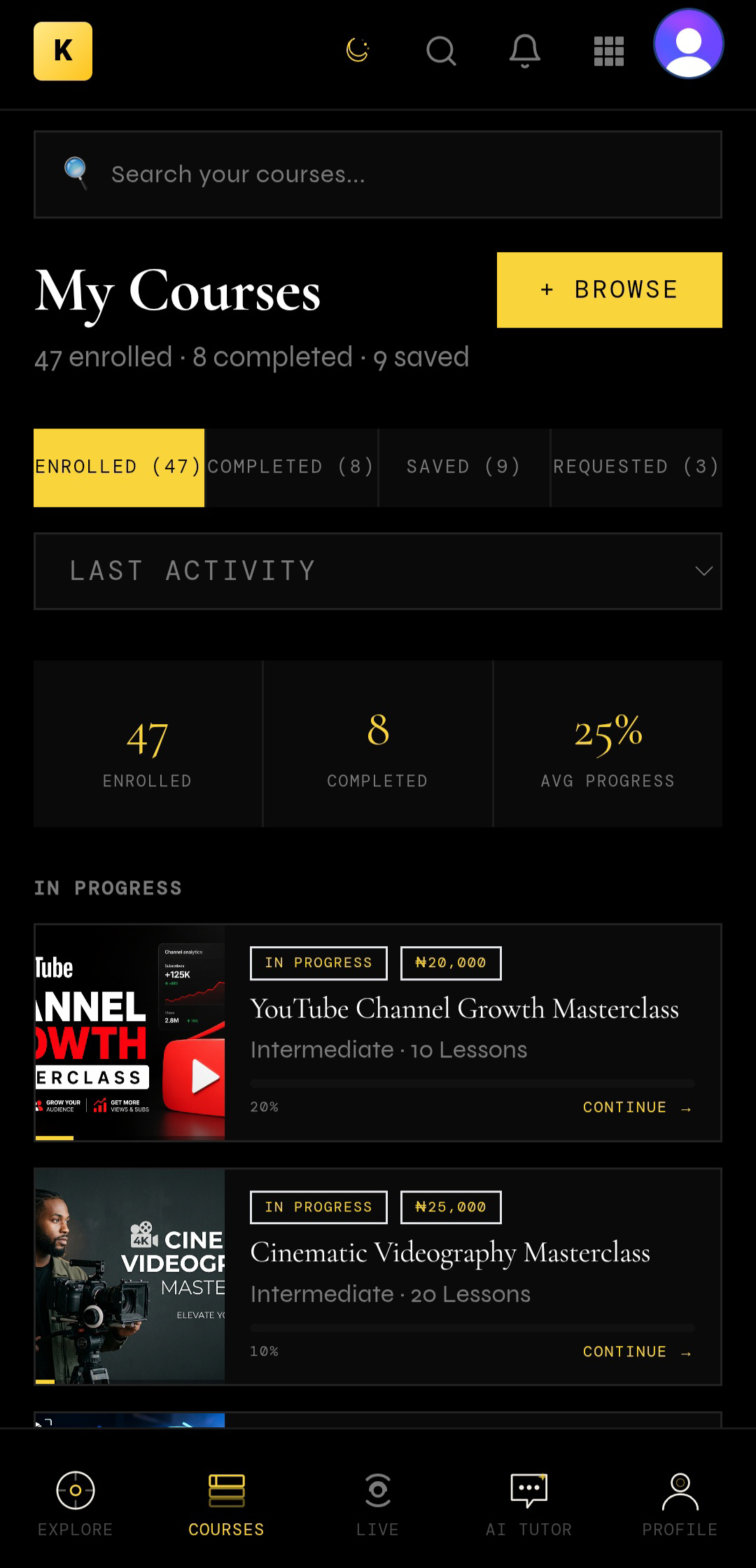 KOJ Learn Courses screen
