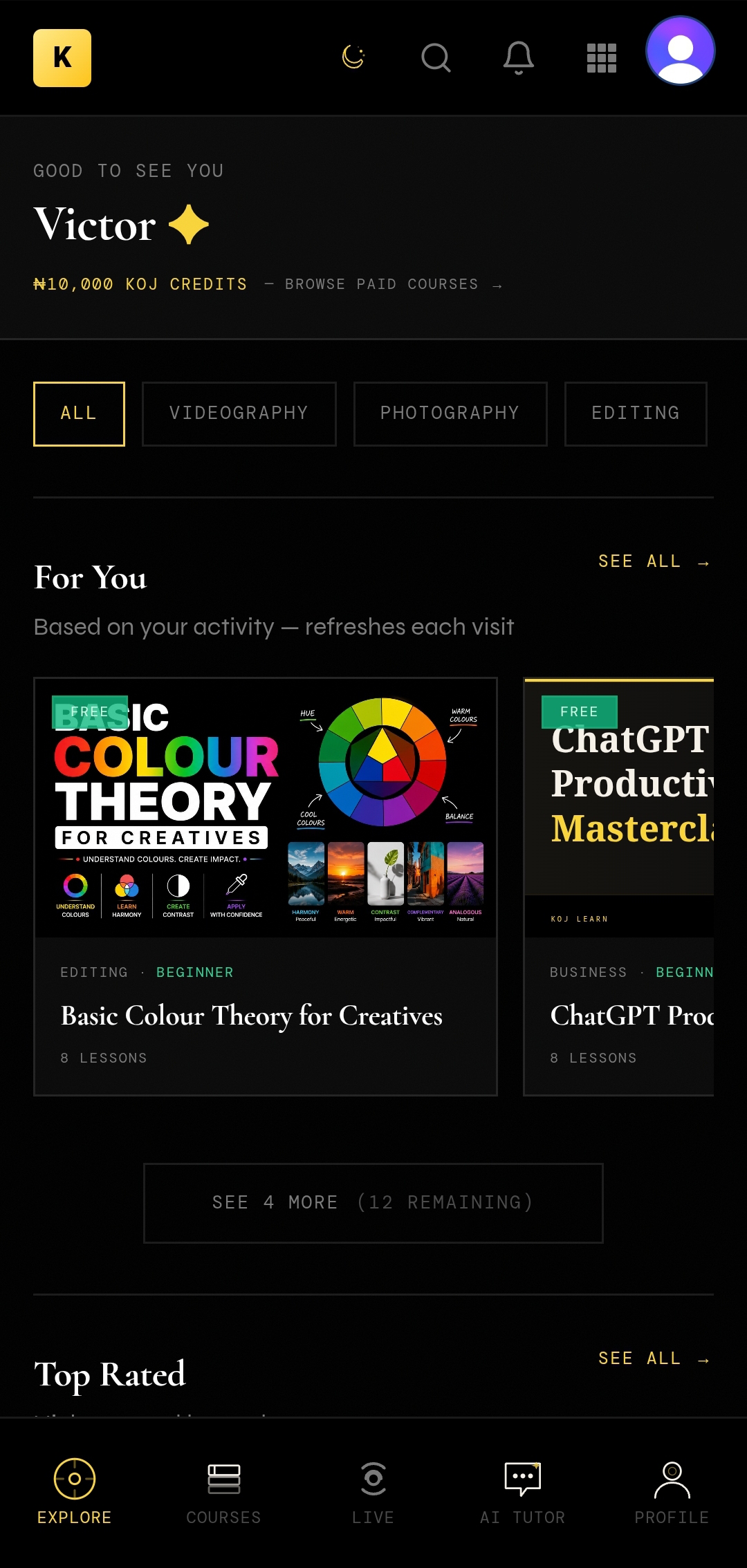 KOJ Learn Home screen